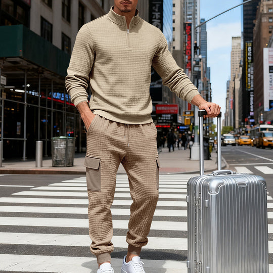 Herren nan Cargo-Jogginganzug mit halbem Reißverschluss, strukturierter Waffel-Strickoptik und elastischem Bund EB