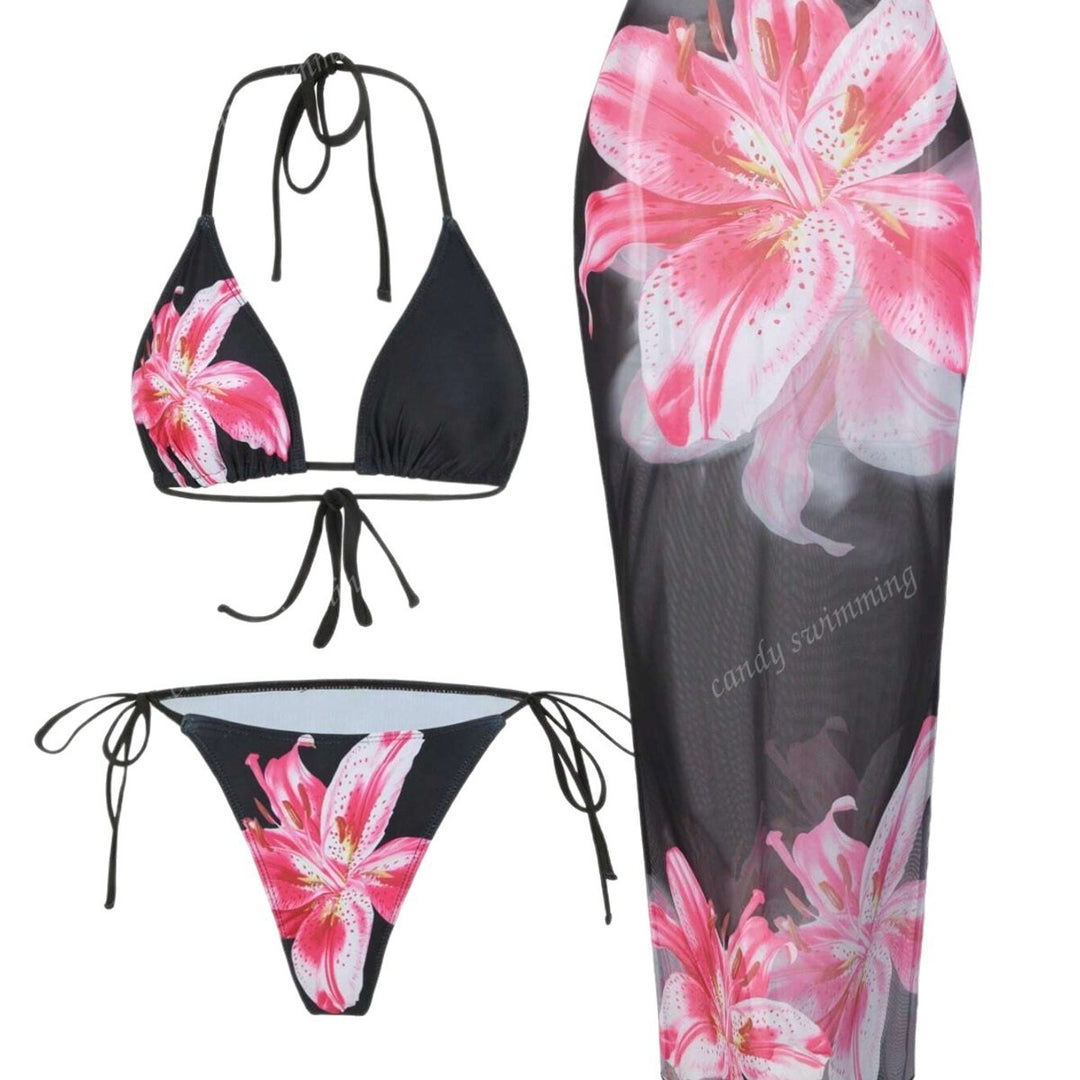 Damen Triangel-Bikini-Set mit floralen Mustern und transparentem Maxirock EB