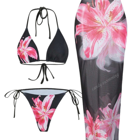 Damen Triangel-Bikini-Set mit floralen Mustern und transparentem Maxirock EB
