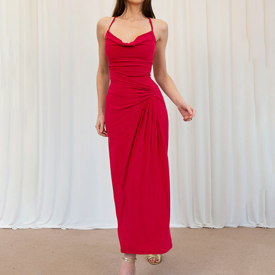 Damen Elegantes Maxikleid mit asymmetrischem Cowl-Ausschnitt und stilvoller Raffung EB