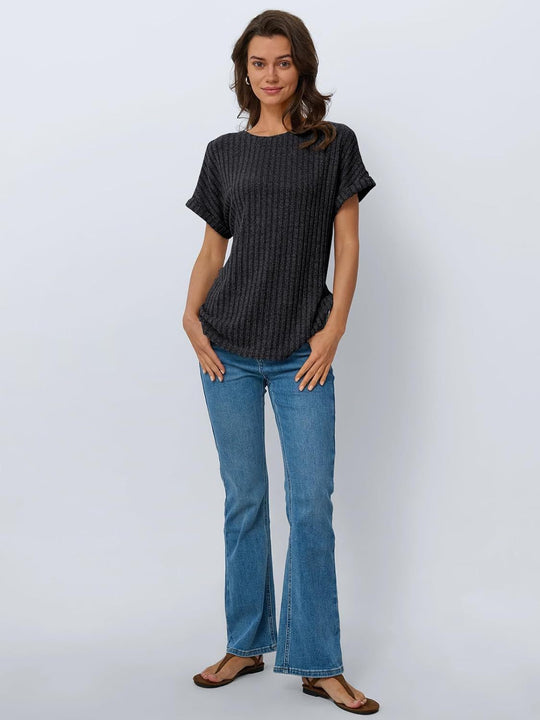 Damen lässiges T-Shirt im Ripp-Design mit umschlagenen Ärmeln EB