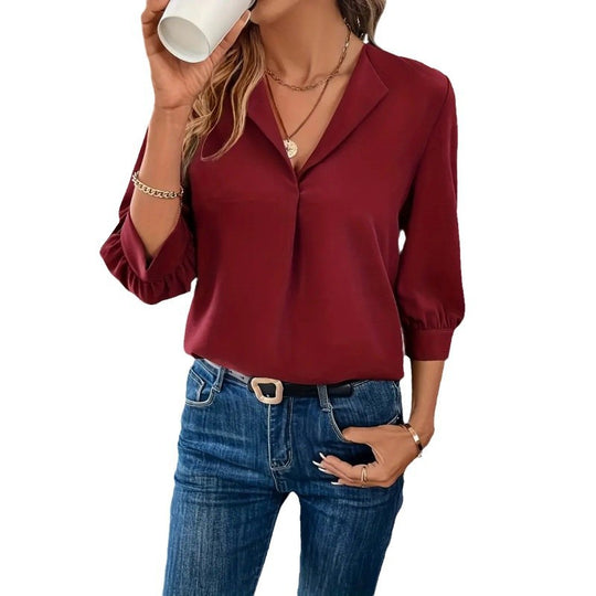 Damen Elegante Viskosebluse mit 3/4-Ärmeln und V-Ausschnitt EB