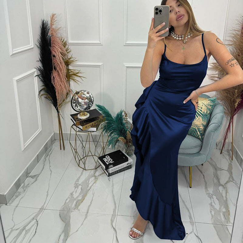 Damen elegantes Maxikleid mit asymmetrischem Rüschensaum und taillierter Silhouette EB