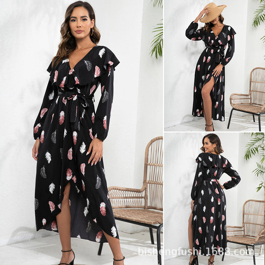Damen Maxi-Kleid mit Rüschendetails und schickem Bindegürtel EB