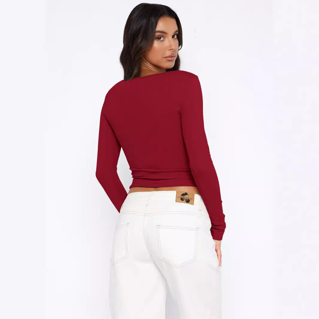Damen figurbetontes Langarmshirt mit Knopfleiste EB
