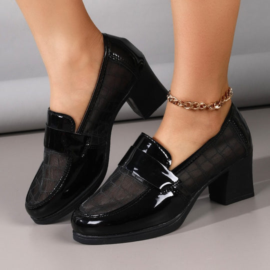 Damen Elegante und modische Ballerinas mit glänzender Oberfläche und komfortablem Blockabsatz EB