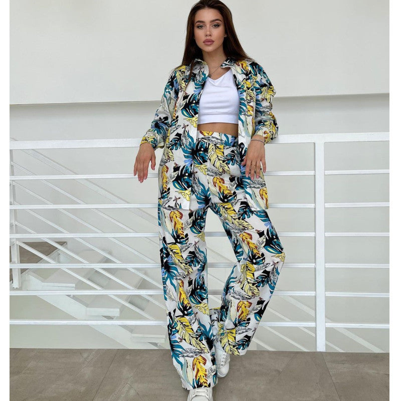 Damen modisches Ensemble mit floralem Muster und weitem Schnitt EB