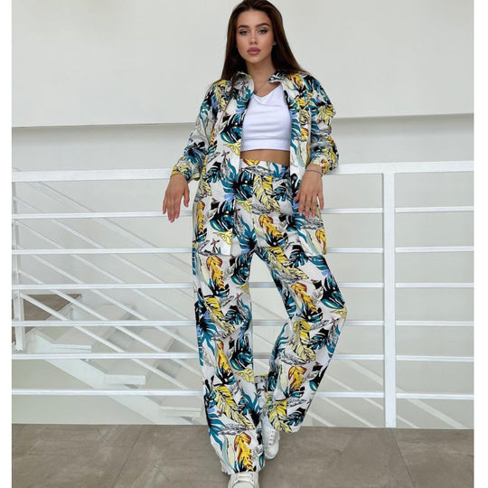 Damen modisches Ensemble mit floralem Muster und weitem Schnitt EB