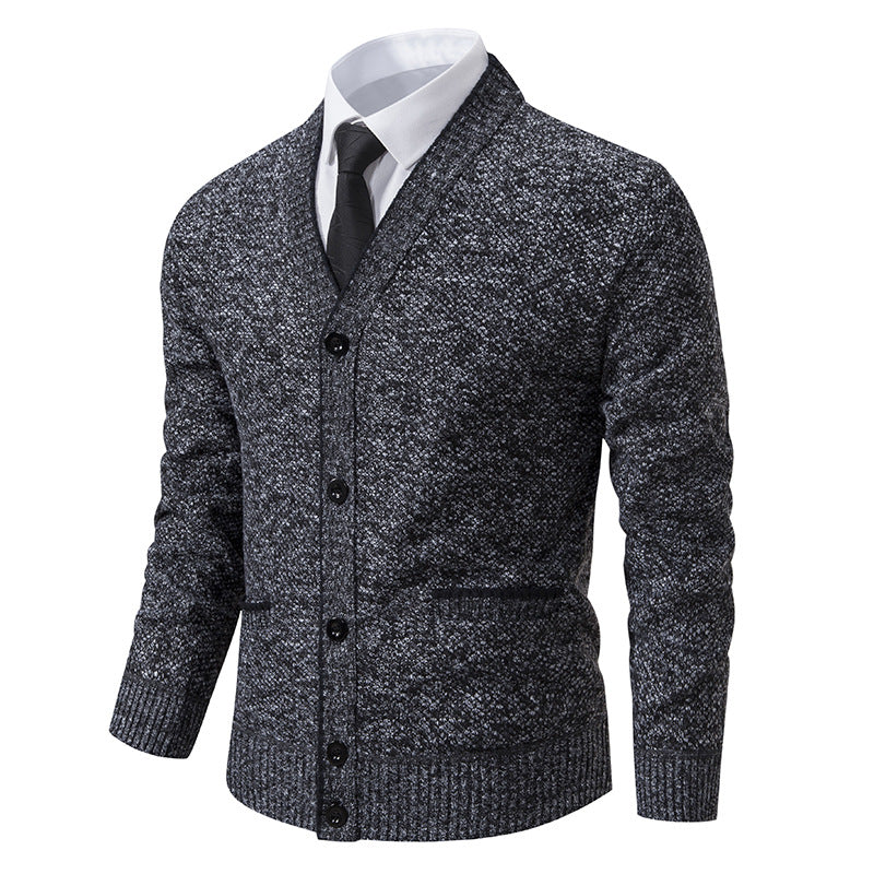 Herren nan melierter Strukturstrick-Cardigan mit V-Ausschnitt, Kontrastkanten und aufgesetzten Taschen EB