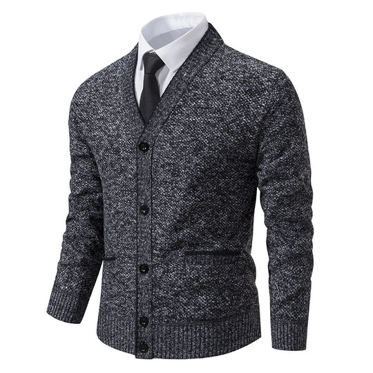 Herren nan melierter Strukturstrick-Cardigan mit V-Ausschnitt, Kontrastkanten und aufgesetzten Taschen EB
