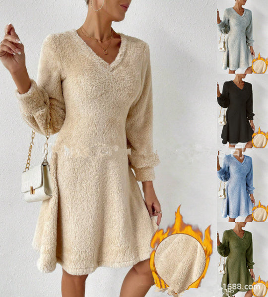 Damen fließendes V-Ausschnitt Kleid mit langen Ärmeln und weichem Fleece EB
