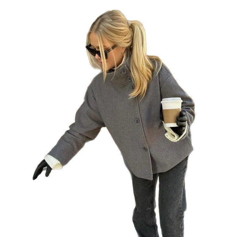 Damen modische Kurzjacke mit hohem Kragen und Knopfverschluss EB