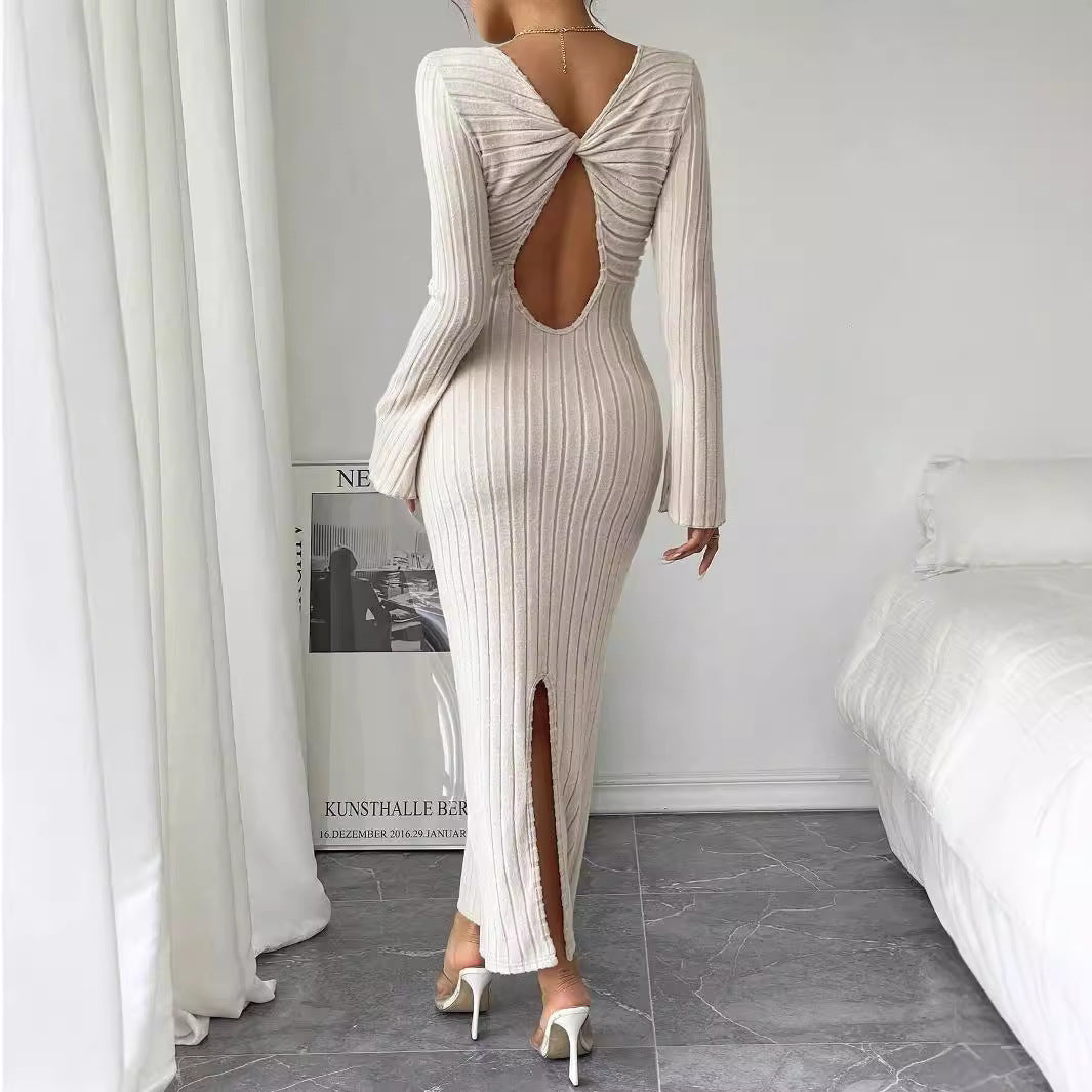 Damen geripptes Midaxi-Kleid mit U-Ausschnitt, figurbetonter Stretch-Silhouette und ausgestellten Ärmeln Eichborn Berlin