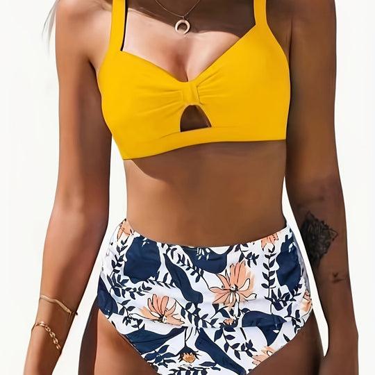 Damen Bikini-Set mit floralem Hochbund und modischem Knoten EB