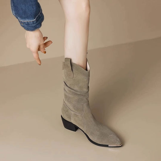 EB | Stiefel - Wildleder - Knöchellang - Spitz Zulaufend - Metall-Zehenschutz - Blockabsatz