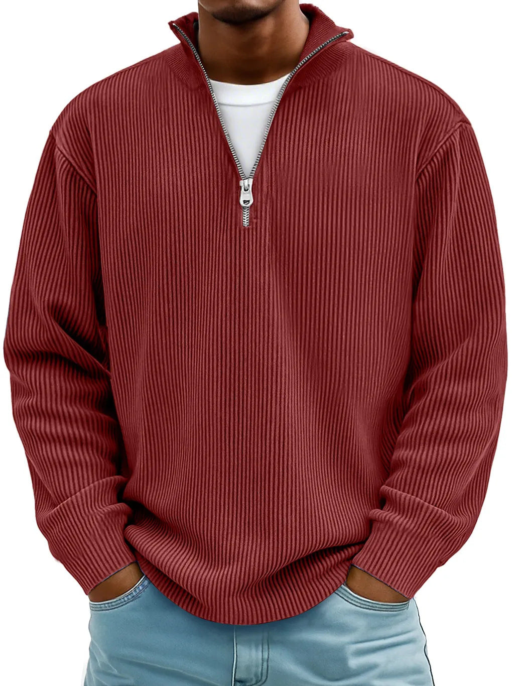 Herren nan gerippter Strickpullover mit halbem Reißverschluss und Stehkragen EB