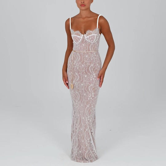 Damen Elegantes Spitzenmaxikleid mit tiefem Ausschnitt und enganliegender Silhouette EB