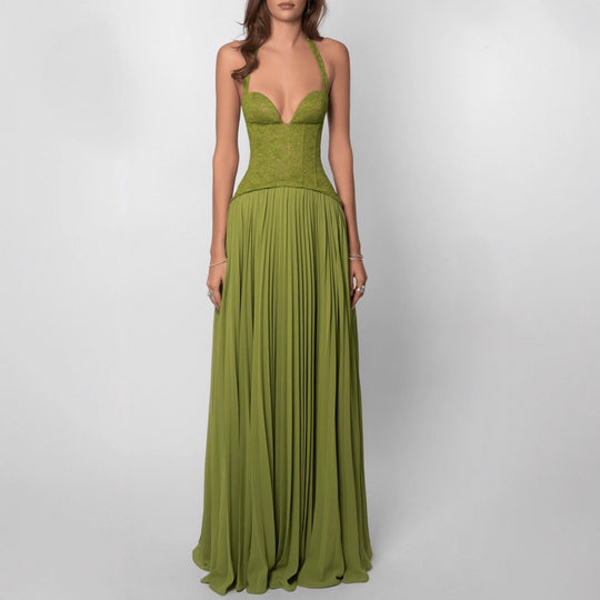 Damen nan Neckholder-Korsettkleid mit Spitzen-Corsage und fließendem Plisseerock EB