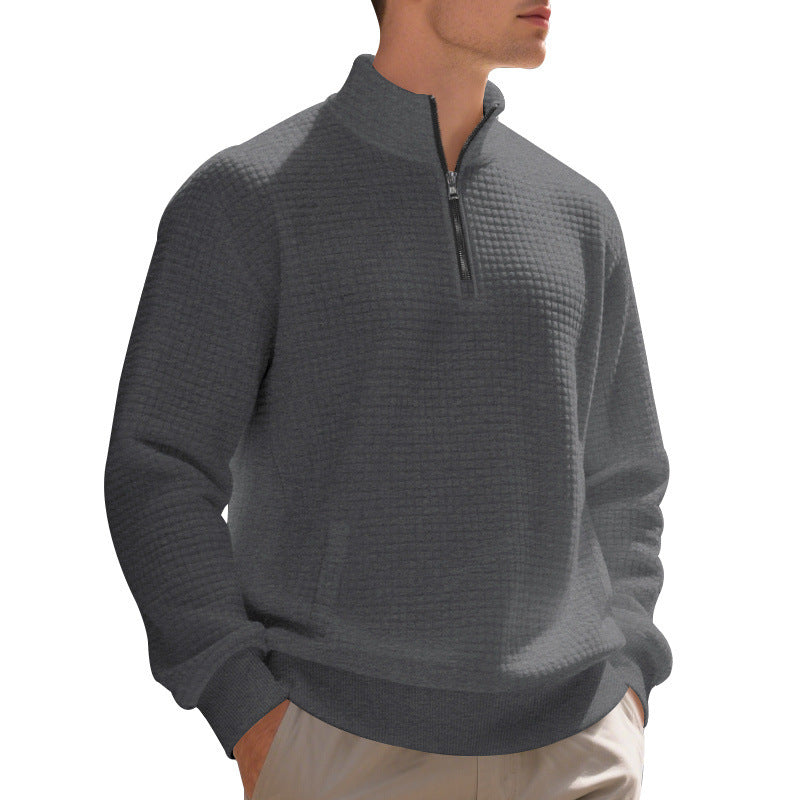 Herren Waffelstrick-Halbzip-Pullover mit Stehkragen, Kängurutasche & gerippten Abschlüssen EB