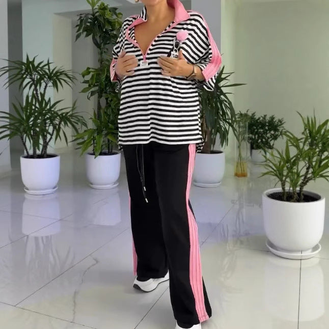 Damen nan lässiges zweiteiliges Polo-Lounge-Set mit Oversize-Streifen, Pompom-Applikation und kontrastierenden Seitenbahnen EB