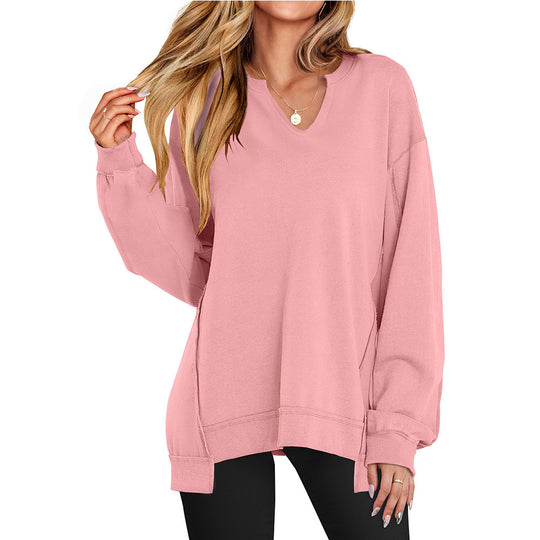 Damen Lässiger pullover mit V-Ausschnitt und überschnittenen Ärmeln EB