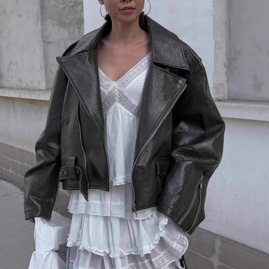Damen Oversized Kunstlederjacke mit asymmetrischem Reißverschluss EB