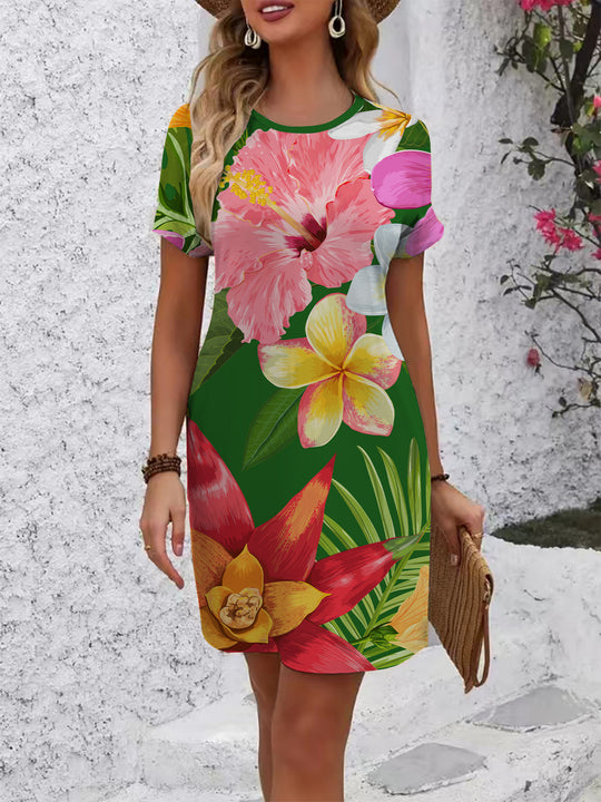 Damen lässiges T-Shirt Kleid mit buntem Blumenmuster und bequemem Schnitt EB
