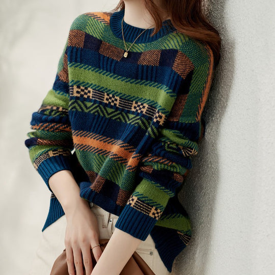 Damen Gemusterter Strickpullover mit Rundhalsausschnitt und weich-flauschiger Textur EB