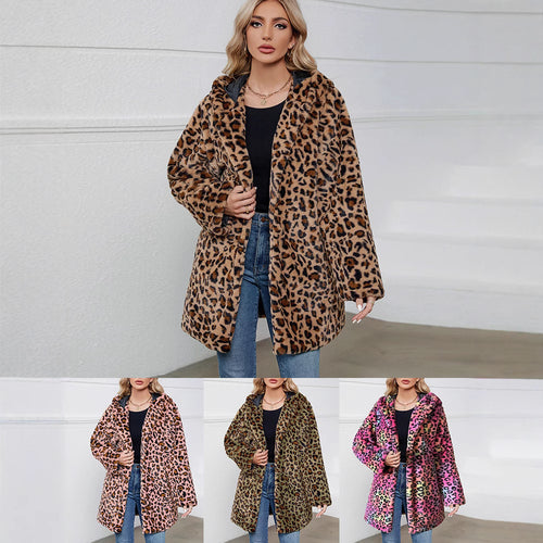 Damen Flauschige Jacke mit modernem Leopardenmuster und bequemen Taschen EB