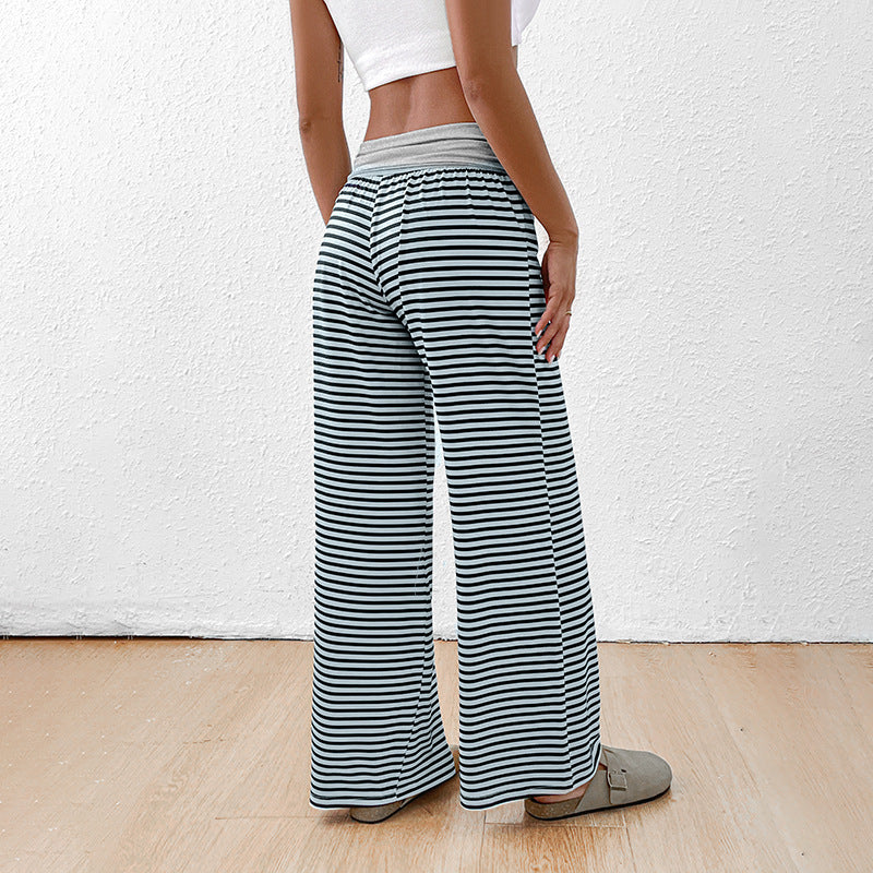 Damen weite gestreifte Freizeithose mit hohem Bund und elastischem Taillenbund EB