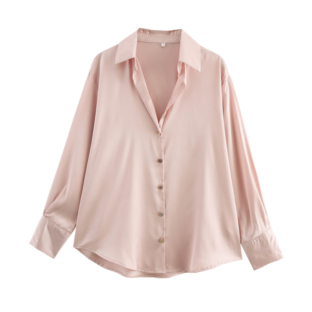 Damen nan oversized Satinbluse mit Hemdkragen, verlängerten Manschetten und abgerundetem Saum EB