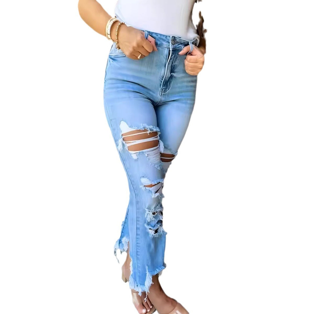 Damen Flared Jeans mit modischen Destroyed-Details und hoch geschnittenem Bund EB