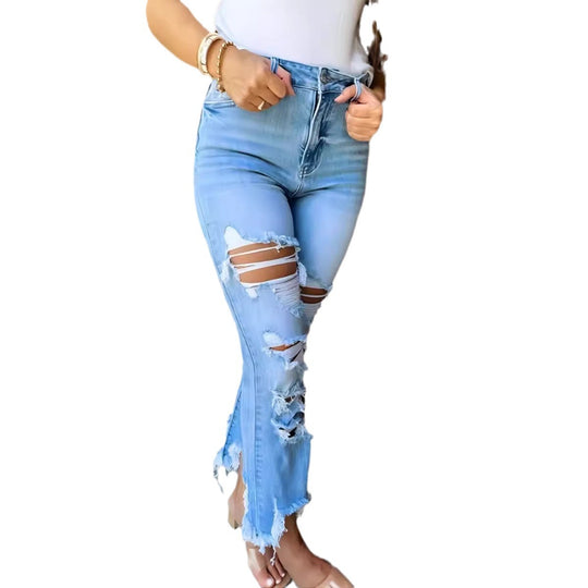 Damen Flared Jeans mit modischen Destroyed-Details und hoch geschnittenem Bund EB