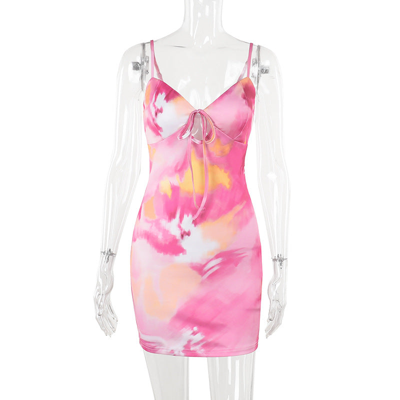 Damen figurbetontes Sommerkleid mit trägerlosem Design und verführerischem Krawattenverschluss EB