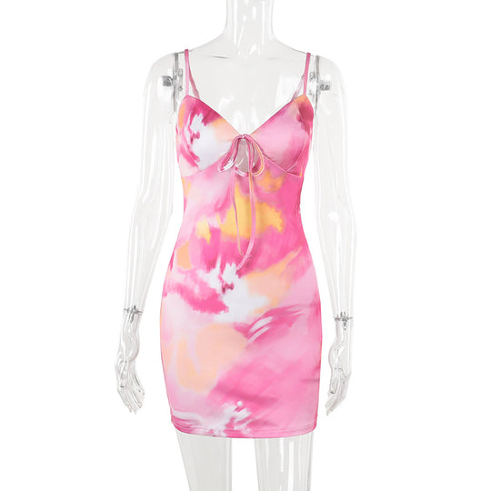 Damen figurbetontes Sommerkleid mit trägerlosem Design und verführerischem Krawattenverschluss EB
