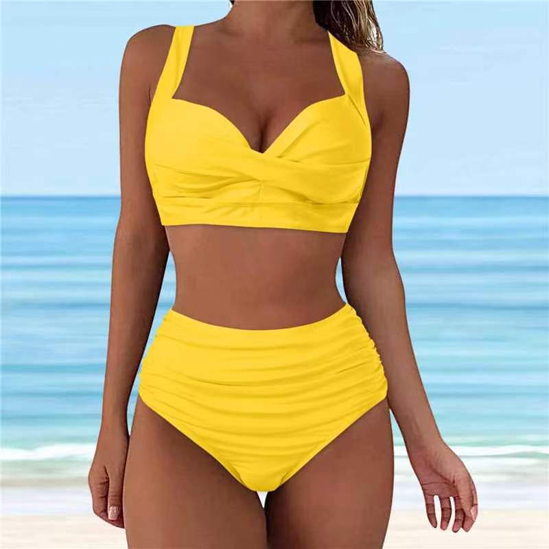 Damen Hochtaillierter Karobikini mit gerafftem Oberteil EB