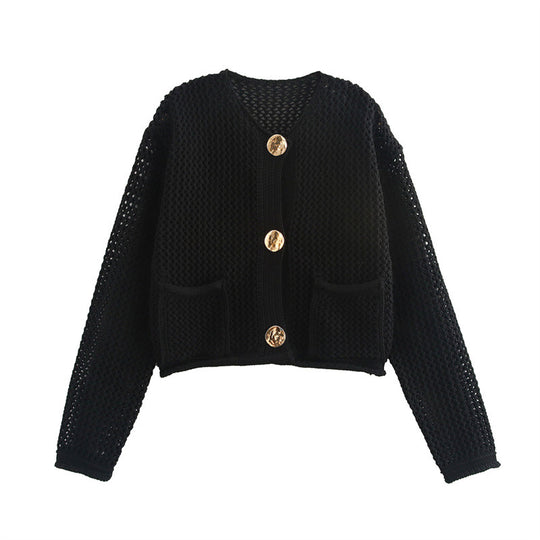 Damen Modische Strickjacke mit dekorativem Häkelmuster EB