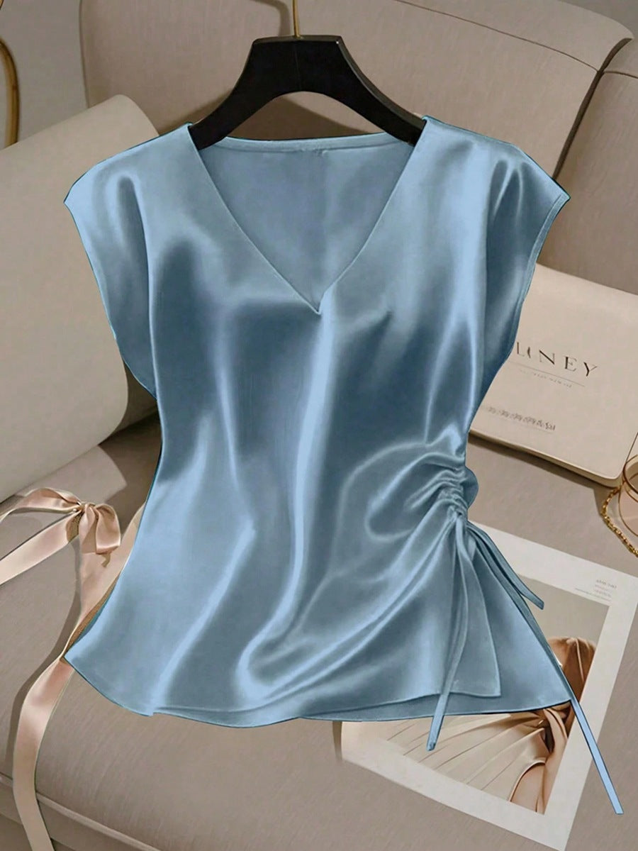 Damen Satinbluse mit seitlichem Kordelzug und V-Ausschnitt EB