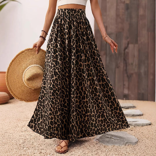 Damen Maxi-Rock mit elastischem Bund und Leopardenmuster EB