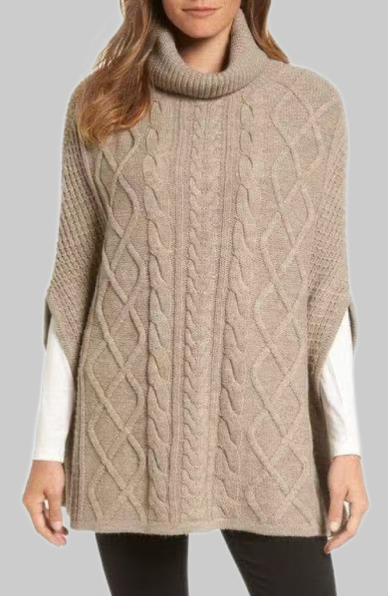 Damen Strickponcho mit hohem Kragen und klassischen Zopfmuster EB