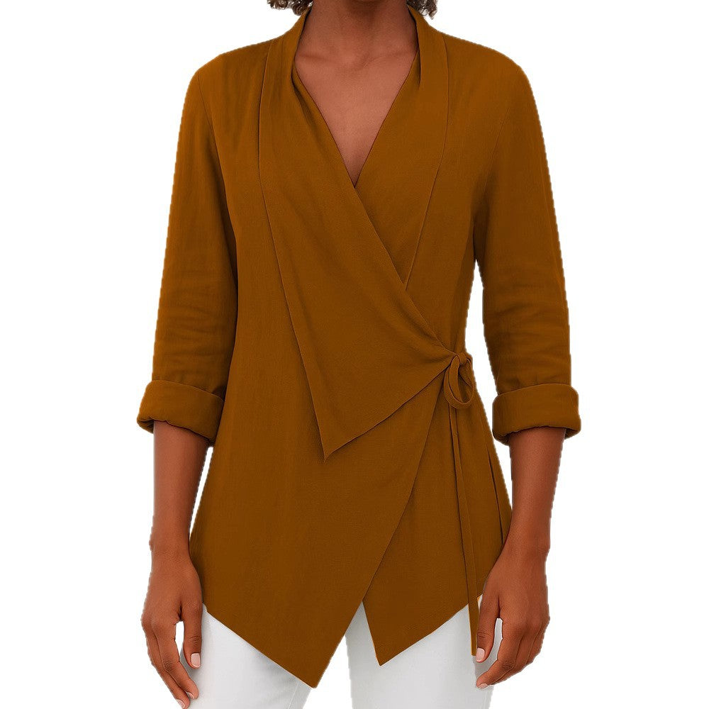 Damen Asymmetrische Wickelbluse mit Schalkragen und 3/4-Ärmeln EB