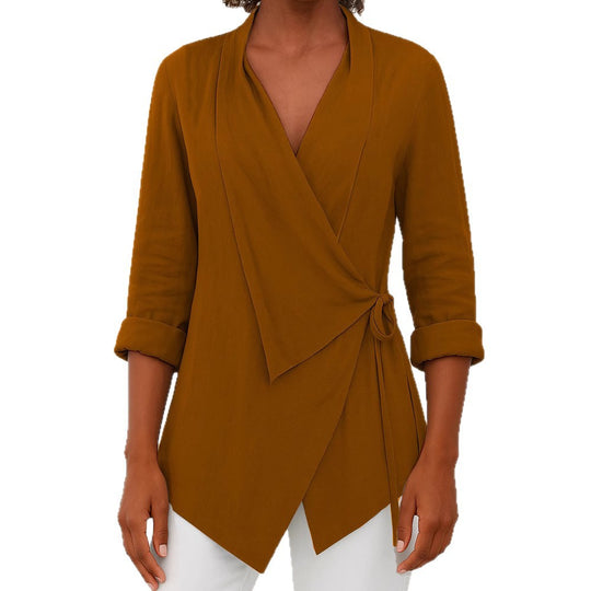 Damen Asymmetrische Wickelbluse mit Schalkragen und 3/4-Ärmeln EB