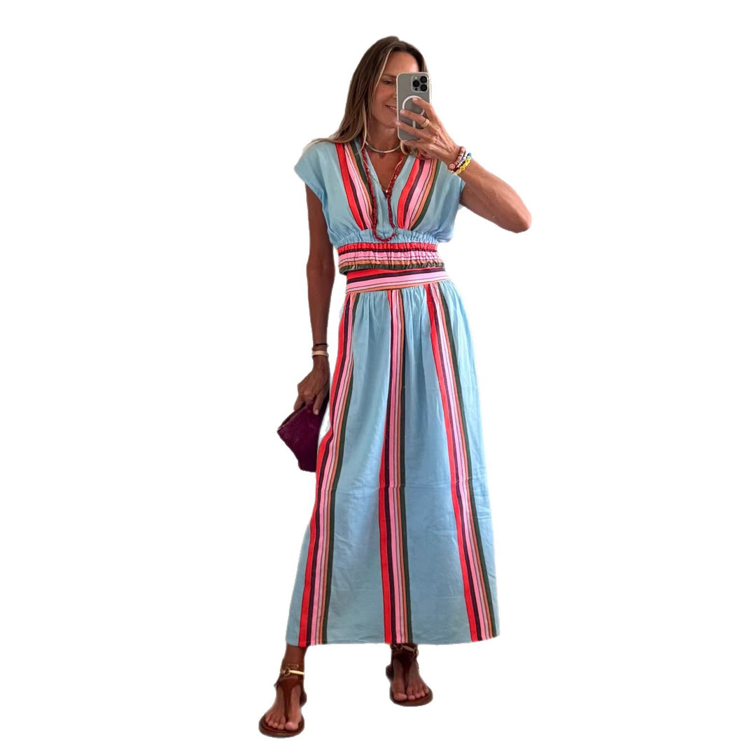 Damen Strandmaxi-Kleid mit elastischem Taillenbund und buntem Streifenmuster EB