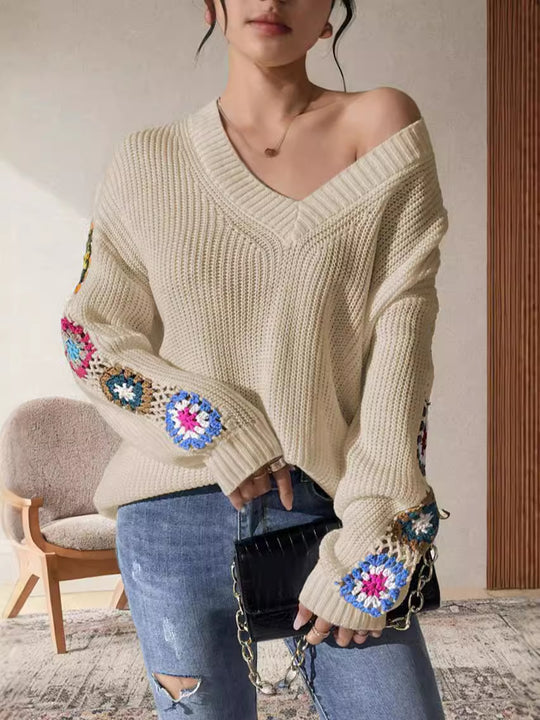 Damen Strickpullover mit verspielten Häkelakzenten und weitem Schnitt EB