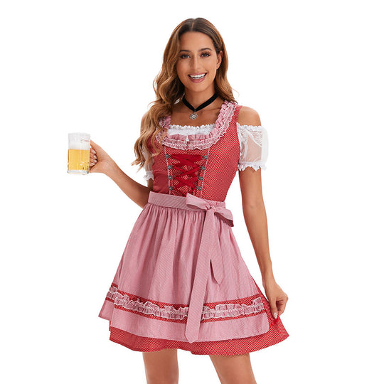 Damen nan kurzes traditionelles Dirndlkleid mit Korsett-Schnürung Spitzendetails und bindbarer Schürze EB