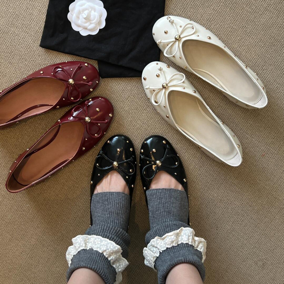 Damen Ballerinas mit modischem Schleifendesign und dekorativem Perlenbesatz EB