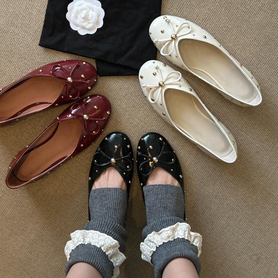 Damen Ballerinas mit modischem Schleifendesign und dekorativem Perlenbesatz EB
