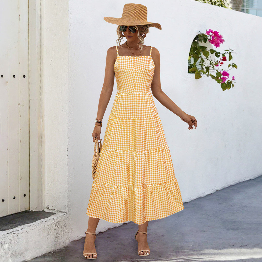 Damen Maxikleid im karierten Design mit Taillenakzent und Rüschensaum EB