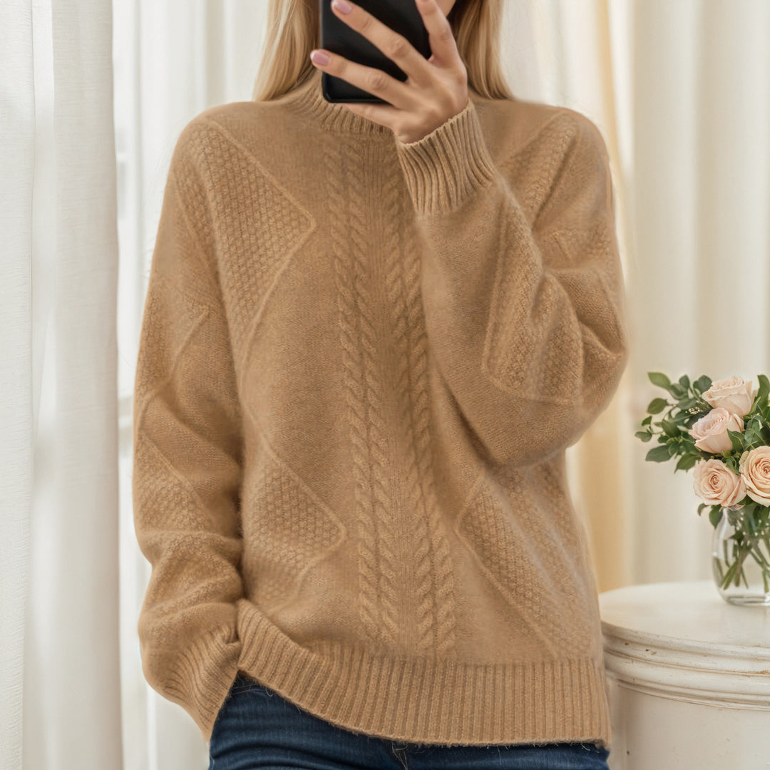 Damen nan strukturierter Oversize-Strickpullover mit Stehkragen und Rippbündchen EB