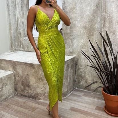 Damen Glitzerndes Maxikleid mit seitlichem Schlitz und schimmerndem Obermaterial EB